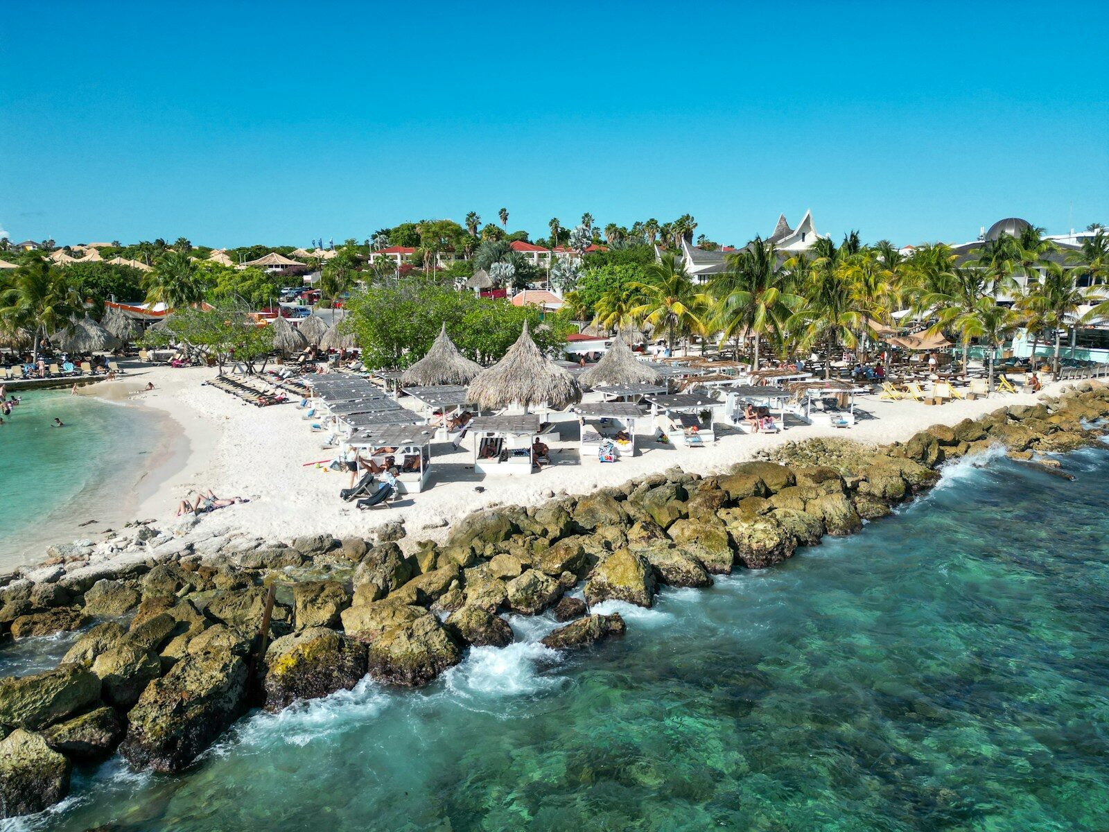 An aerial view of a beach and resort